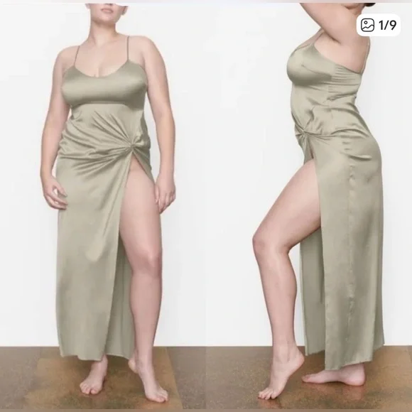 SKIMS 🌺 NEW! Silk Ruched Slip High Slit Shiny Gown Talc Green Plus Size 4X - Picture 2 of 8